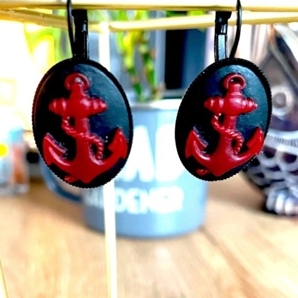 Black and Red Anchor Cameo Handmade Lever Back Earrings, Unworn, NWT
